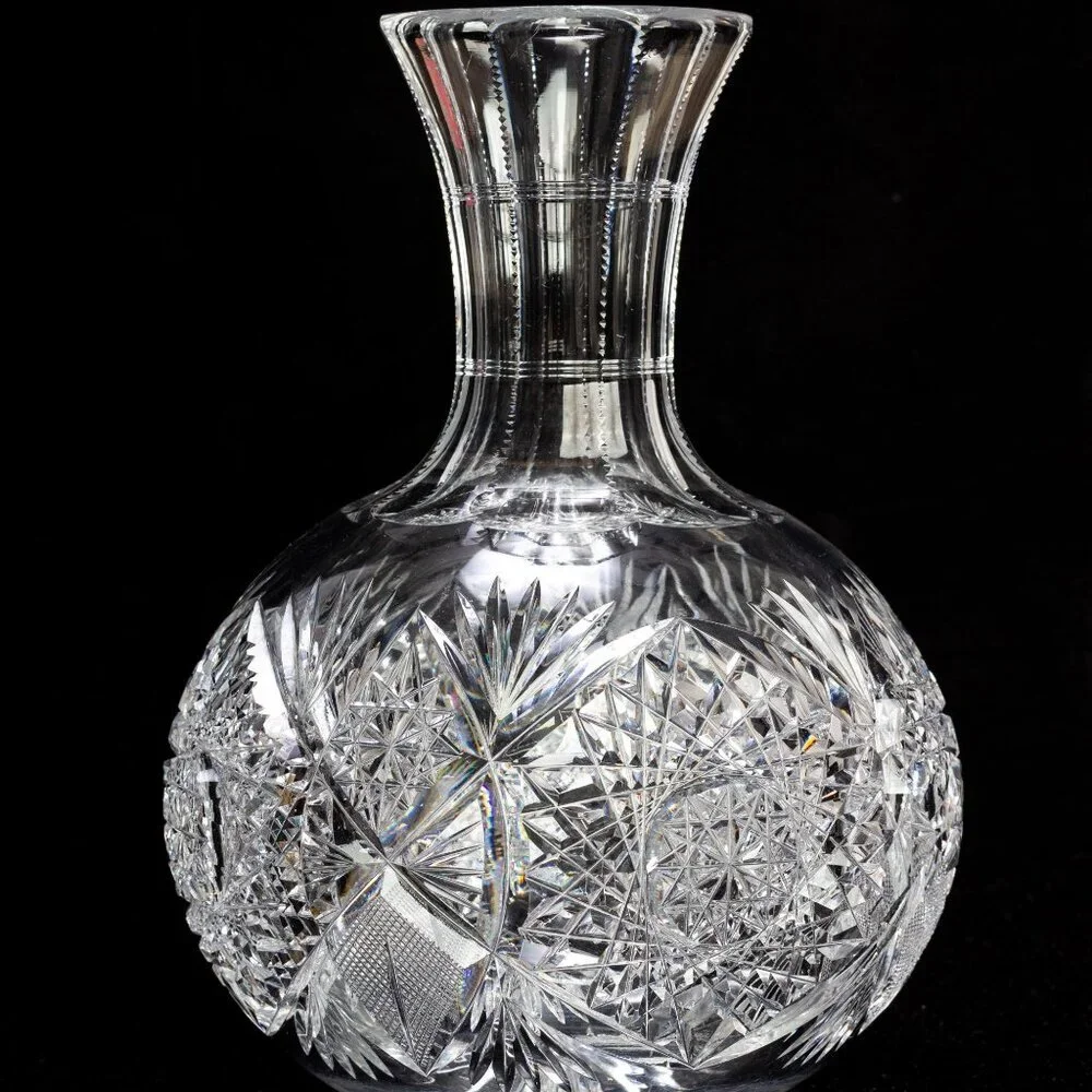 Antique Hand-Cut Crystal Vase With Intricate Starburst & Geometric Patterns
